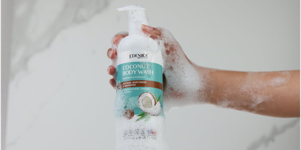 Edenika Coconut Body Wash held in a soapy hand