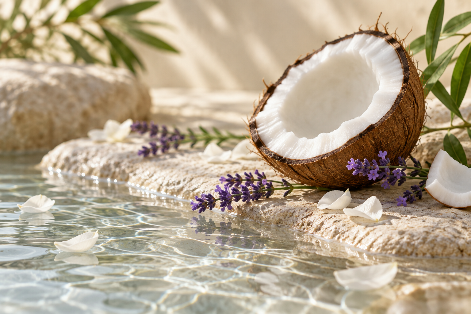 Coconut, lavender and fresh botanicals beside water