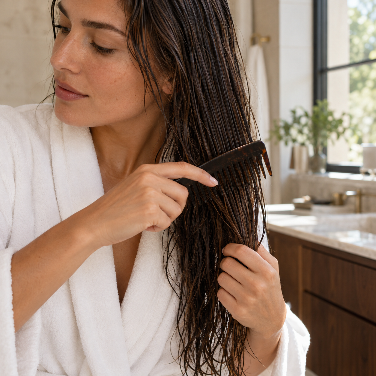 Detangling damp hair as part of a care routine