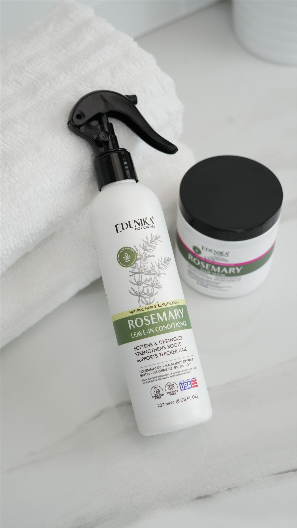 Edenika Rosemary Leave-In Conditioner with a hair mask and soft white towels