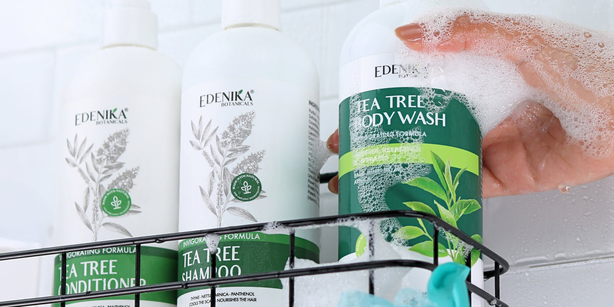 Original Edenika Tea Tree body wash, shampoo and conditioner in a bright shower